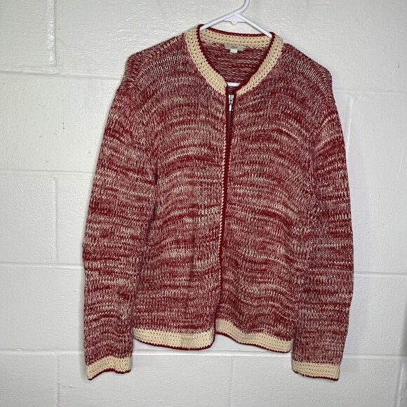 J Jill Sweater Women Sz Small Red Beige  Cardigan Chunky Knit Mock Neck Small - Picture 2 of 9